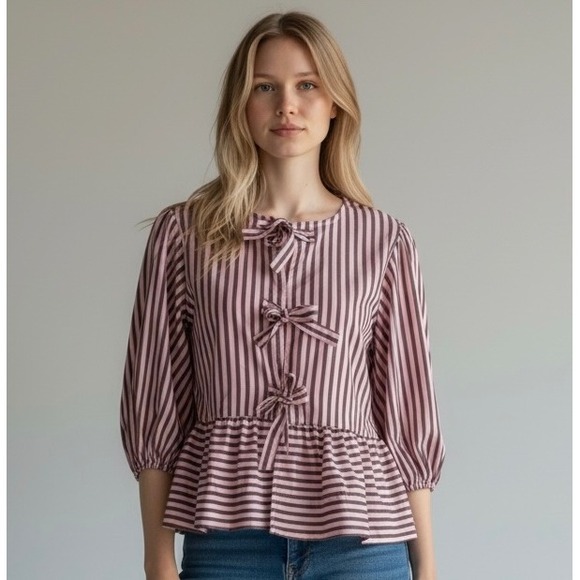 Boutique Tops - NEW Pink Striped‎ Bow Front Large Peplum Blouse Puff Sleeve Top Coquette